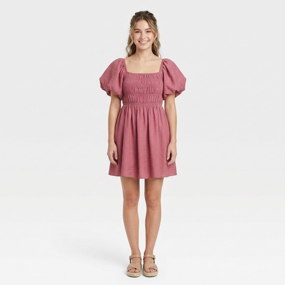 Mi Ami for Francesca's Dresses & Skirts - Mi Ami for Francesca's Mauve Pink Puff Sleeve Smocked Mini Dress Juniors L New‎